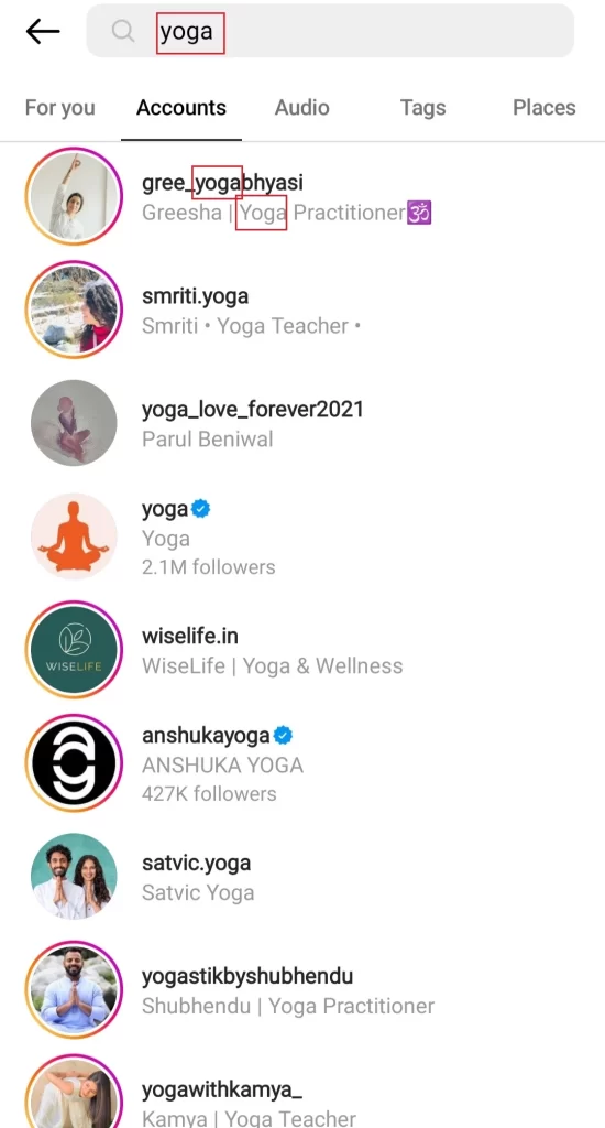 Greesha's profile ranking for the search query "Yoga"